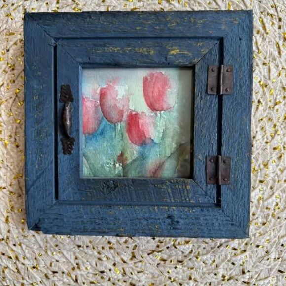 Distressed Navy Frame with Painted Tulips Shabby Chic Accent - Picture 1 of 6